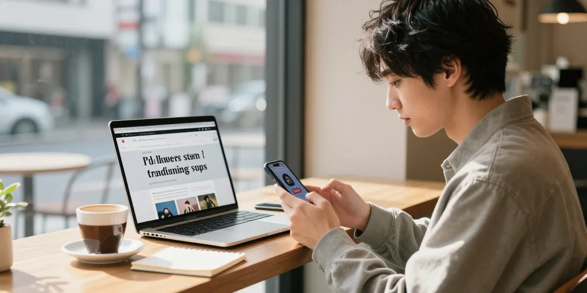 インスタ 日本人 男性 フォロワー 購入を行う若い男性がカフェでスマートフォンを使っているシーン
