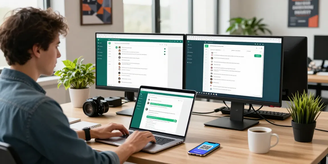 Professional user accessing WhatsApp網頁版 on a sleek laptop in a modern office.