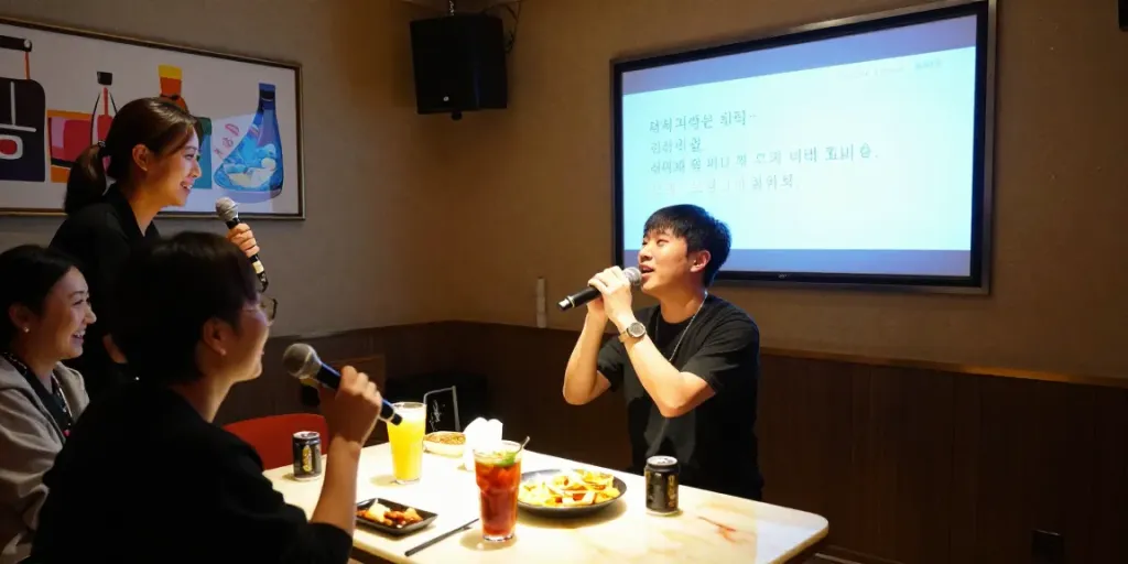 달토에서 혼자서 노래를 부르고 있는 손님과 아늑한 분위기의 방