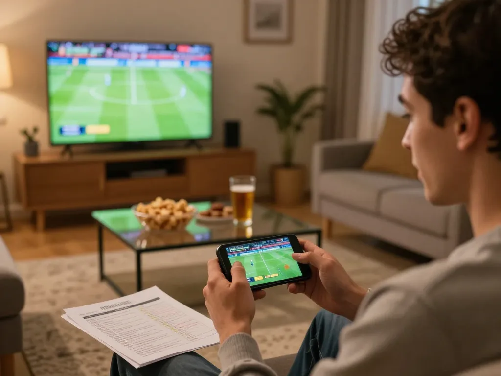 Engaging in online sports betting with a smartphone in a cozy home setting, enhancing the qq8827 experience.