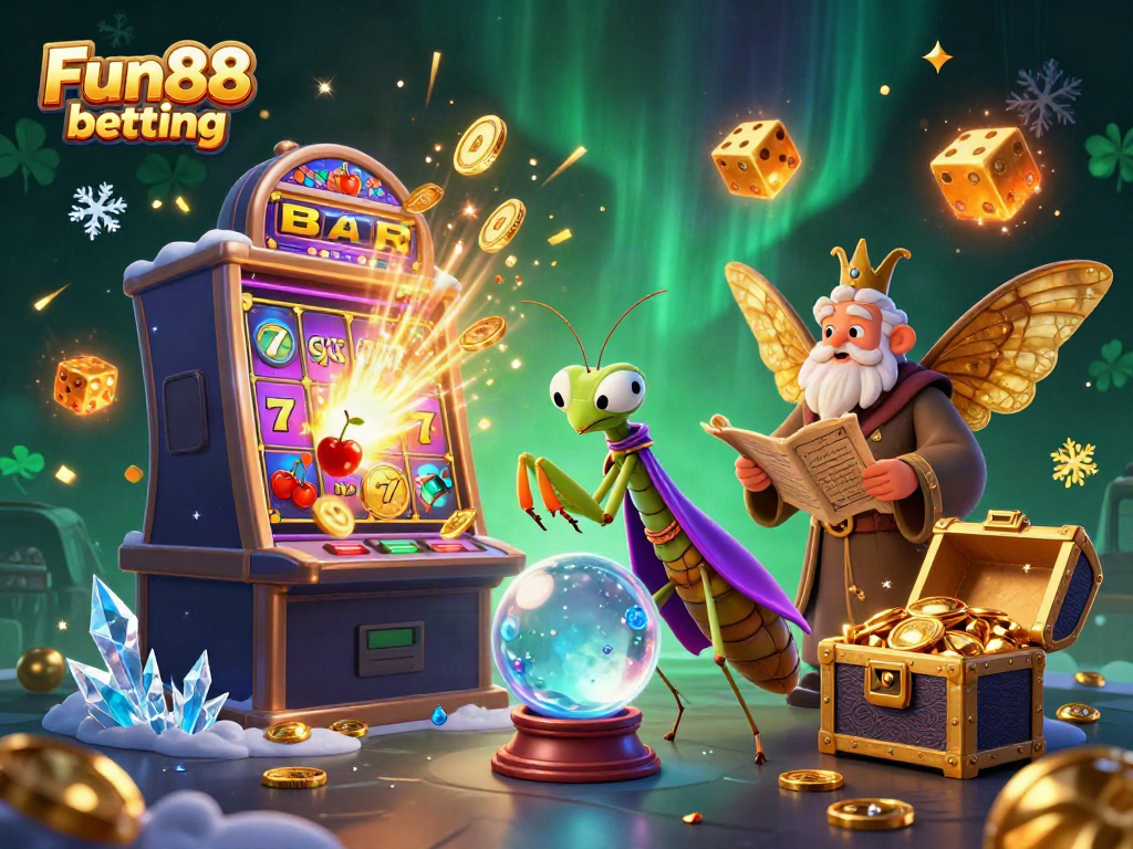 Engage in Fun88 betting with a vibrant, dynamic casino scene featuring a fortune teller and game elements.