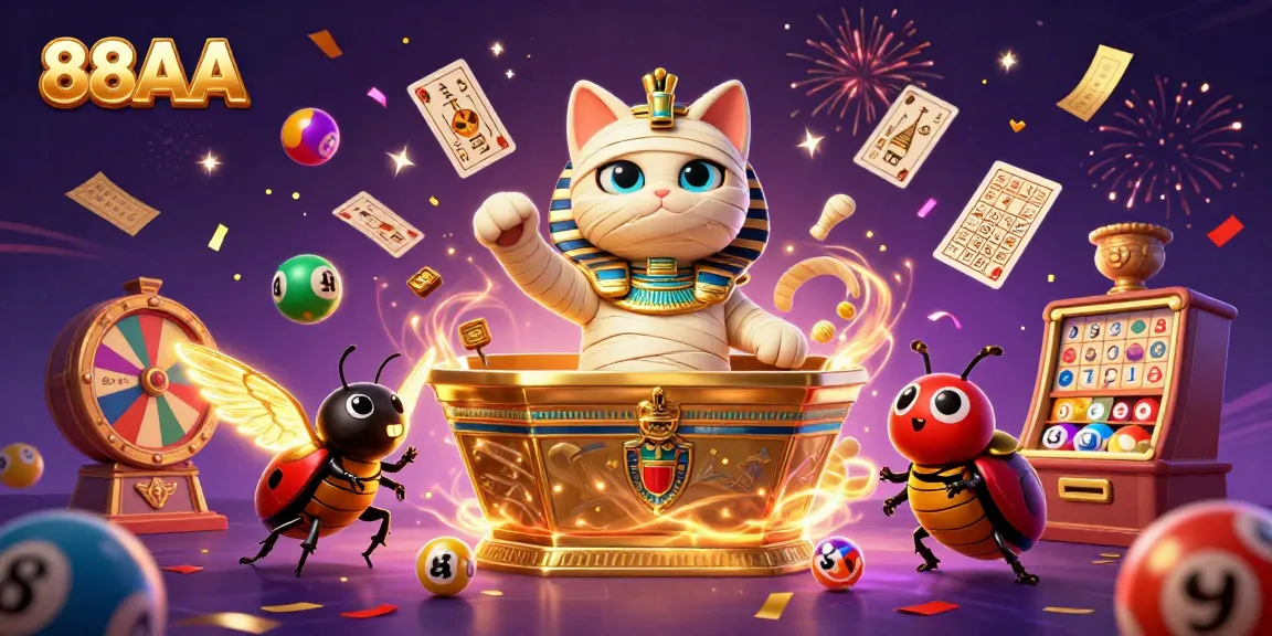 88AA gaming scene with an Egyptian mummy cat and a scarab amidst colorful lottery elements.