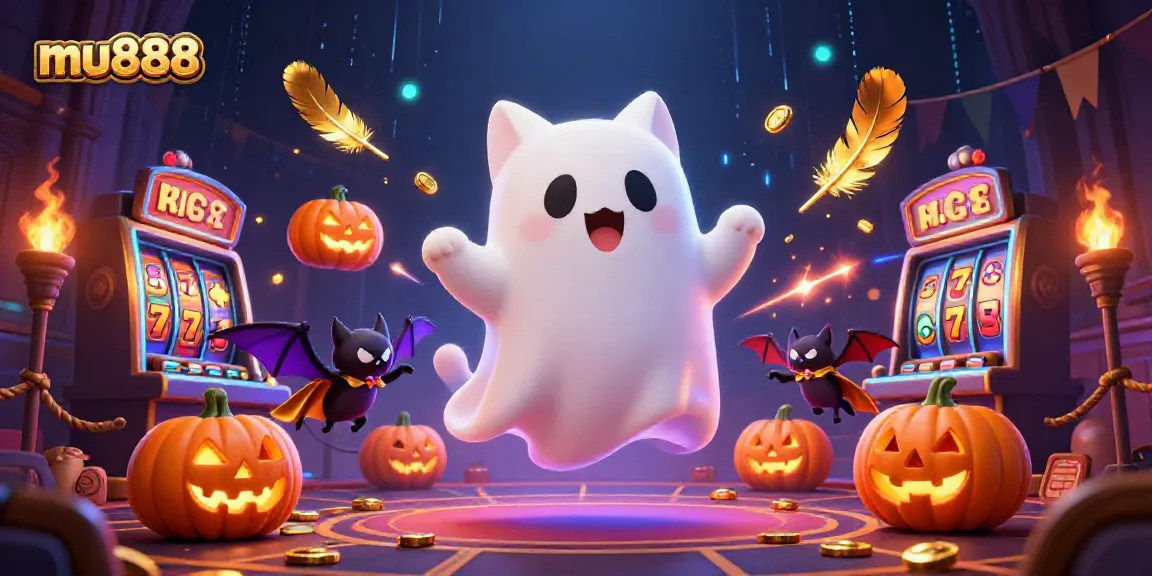 Experience the thrill of mu888 with a magical casino scene featuring a ghost cat and vampire bat.