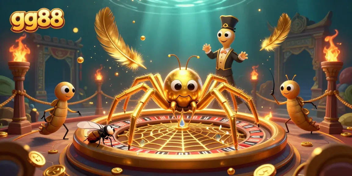 Gamble at gg88 with a colorful roulette wheel, gold coins, and a lively scene.