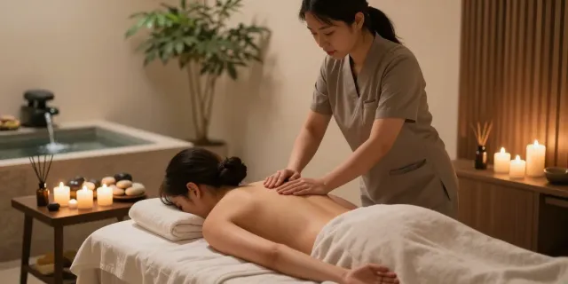 Relaxing 강남출장마사지 session in a tranquil spa with calming atmosphere and soothing elements.