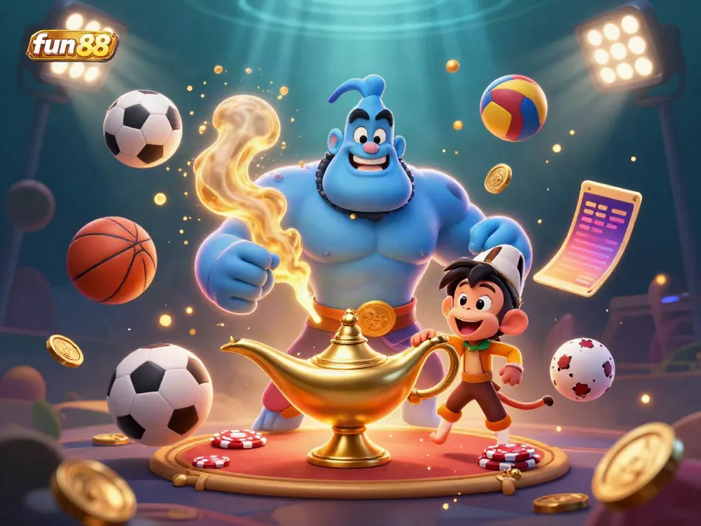 Catch the excitement with fun 88, featuring a genie, monkey, and flying poker chips in a vibrant casino scene.