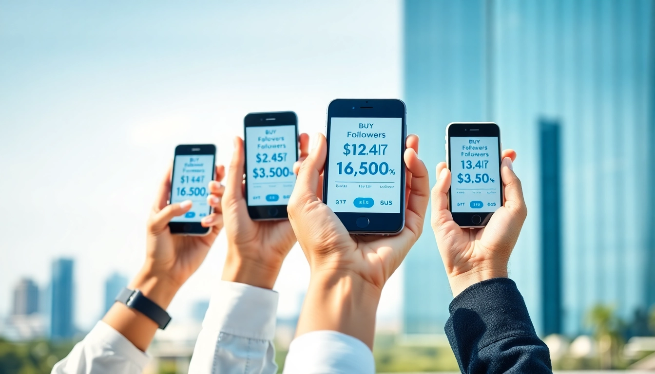 フォロワー 買うの概念を示すスマートフォンを持つ多様な手の画像。