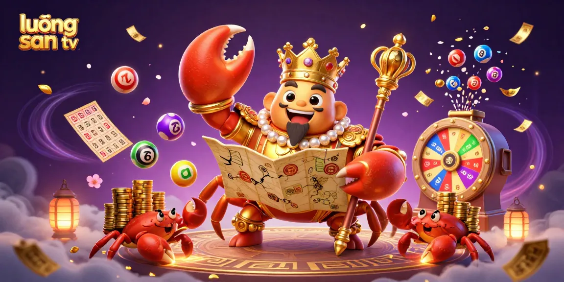 Lương Sơn TV features a golden crab emperor overseeing a vibrant gambling scene with lottery balls and prize wheels.