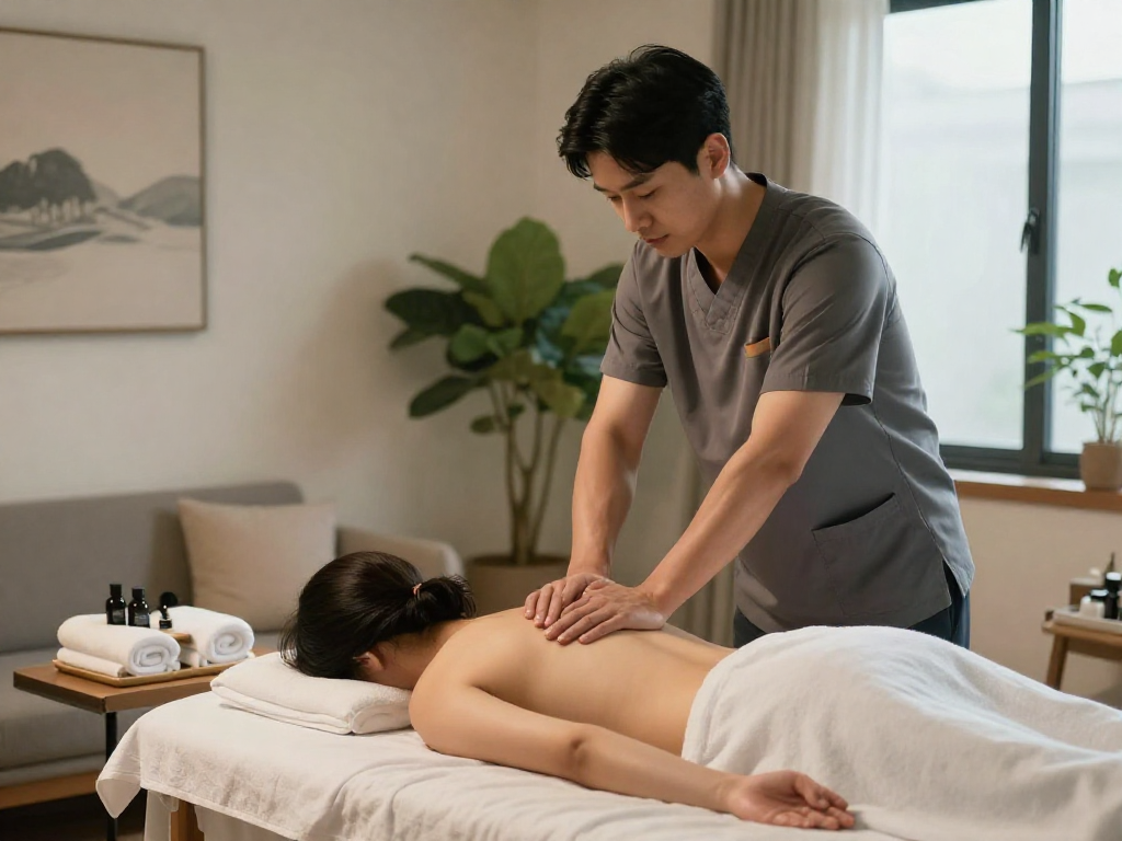 의정부출장안마 home massage service highlighting serene environment and professional therapist.