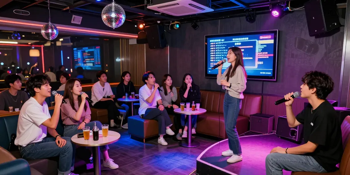 강남가라오케에서 즐거운 친구들의 노래하는 모습과 화려한 조명