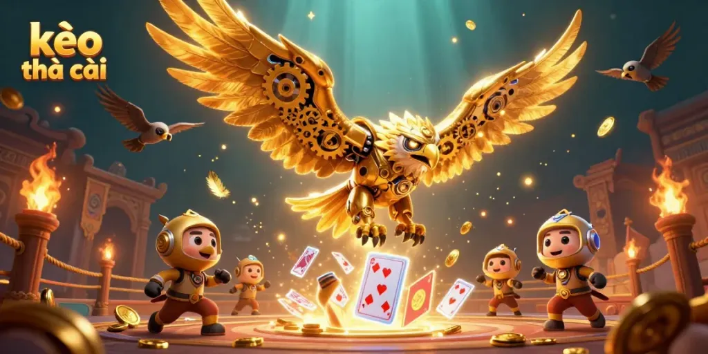 Experience the dynamic world of kèo nhà cái with a cybernetic eagle soaring through holographic cards and riches.