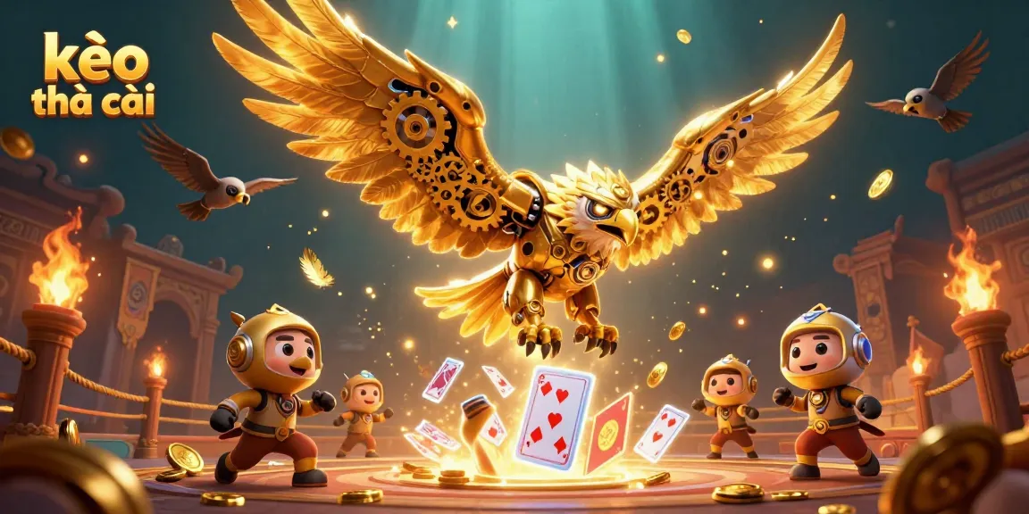 Experience the dynamic world of kèo nhà cái with a cybernetic eagle soaring through holographic cards and riches.