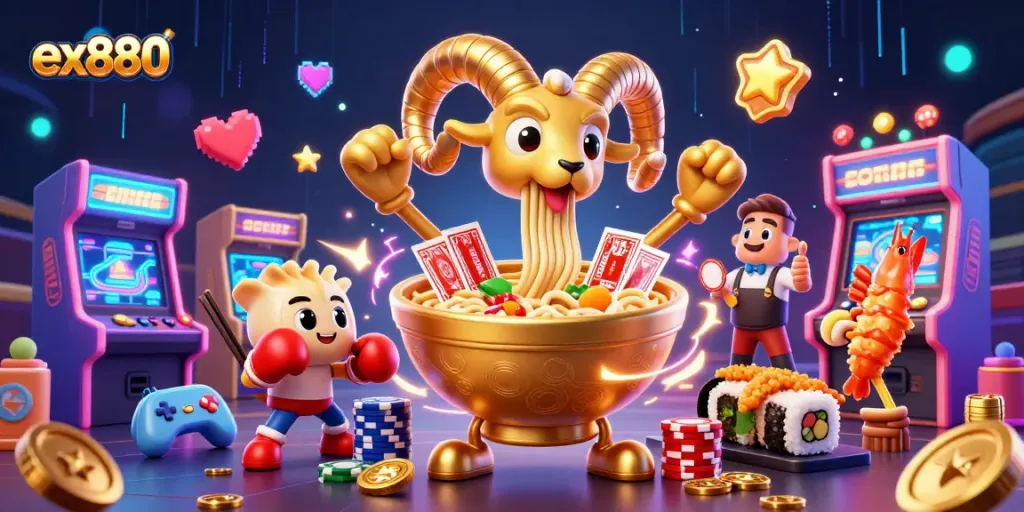 Join the fun with ex880 as the giant ramen bowl deals cards surrounded by colorful casino elements.