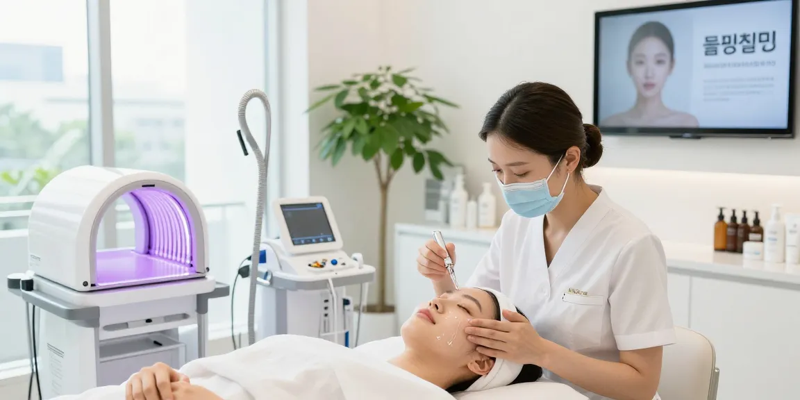 물광필링 시술 중인 피부 전문가와 고객의 모습, 현대적이고 밝은 클리닉 환경.