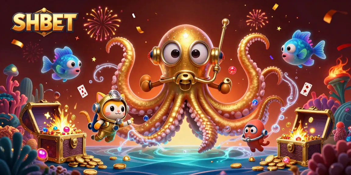 Experience the excitement of SHBET with a vibrant, dynamic 3D ocean casino scene featuring a kraken and diving cat.