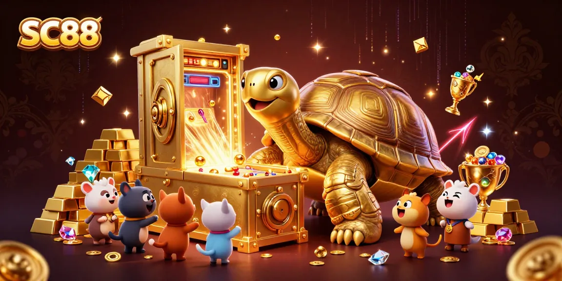 Engage with SC88's exciting casino experience featuring a golden tortoise pinball machine and treasures.
