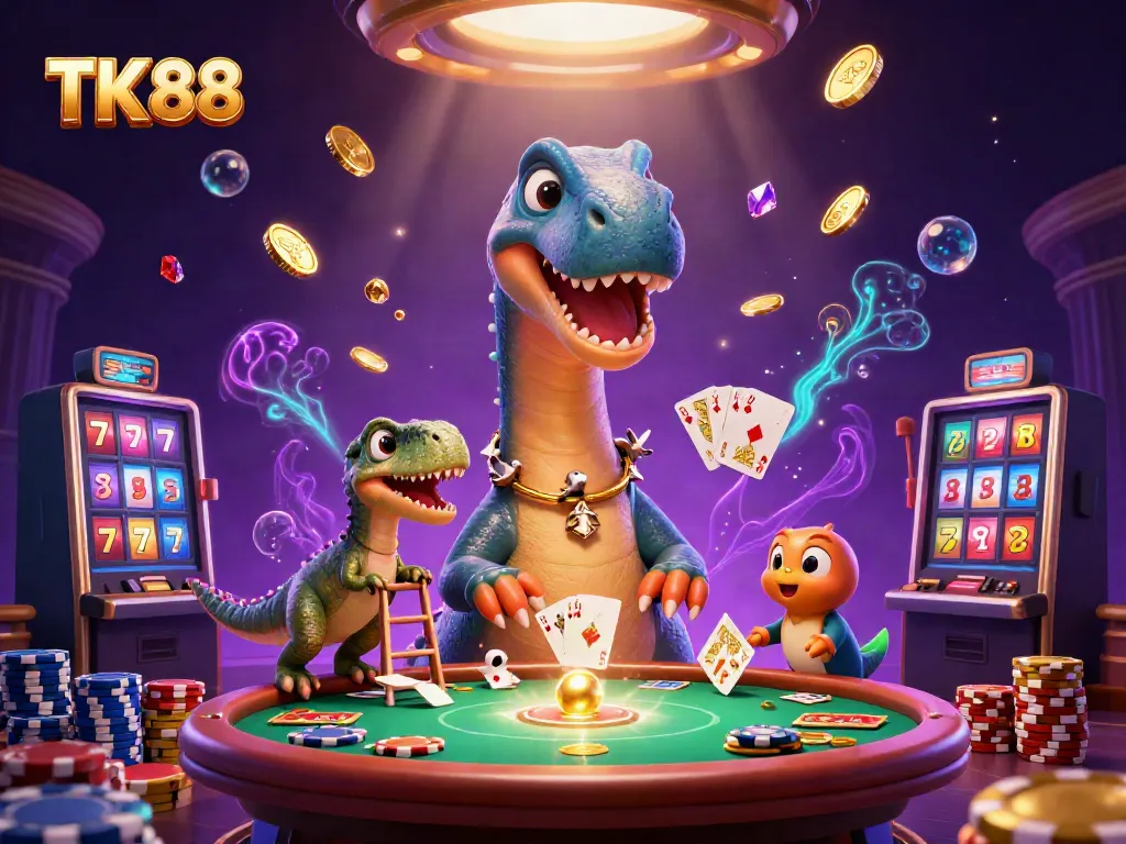 Experience thrilling gaming at TK 88 with a vibrant casino scene featuring dynamic characters and game elements.