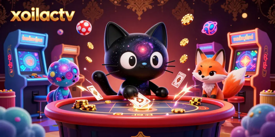 Engage with xoilactv's cosmic casino scene featuring vibrant characters pulling in golden chips.