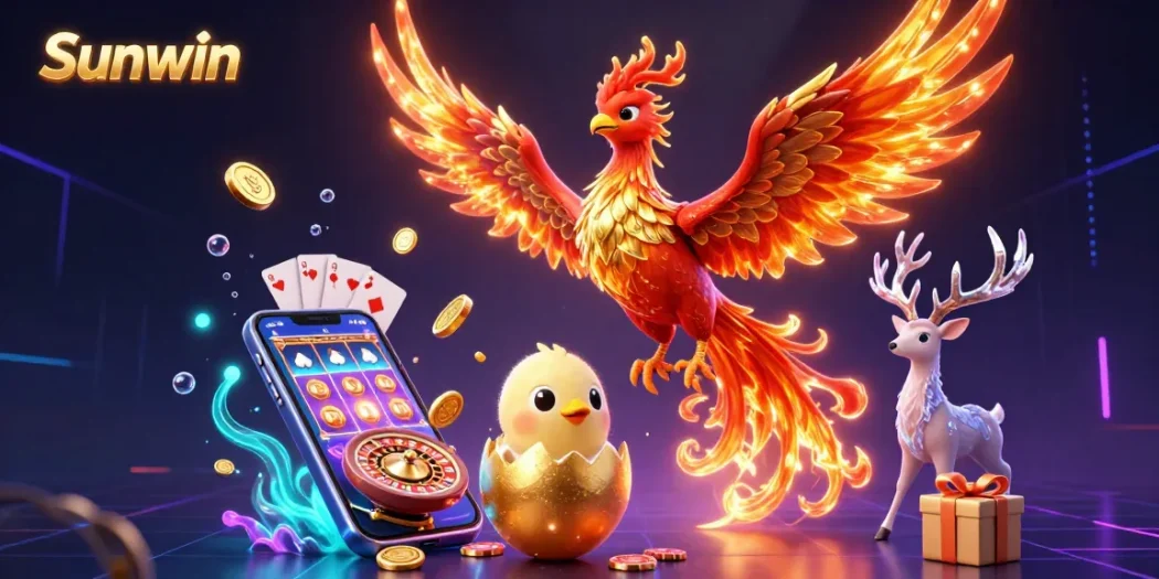 Experience the vibrant world of Sunwin, featuring a phoenix and mystical stag surrounded by dynamic casino elements.