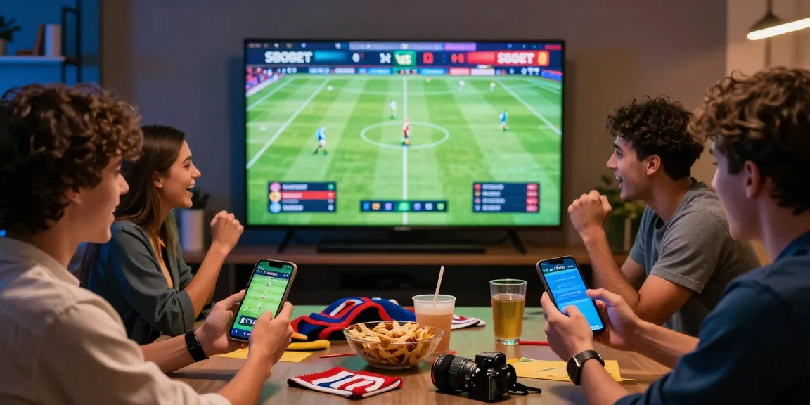 Friends enjoying SBOBET wap while betting on live football matches in a lively atmosphere.