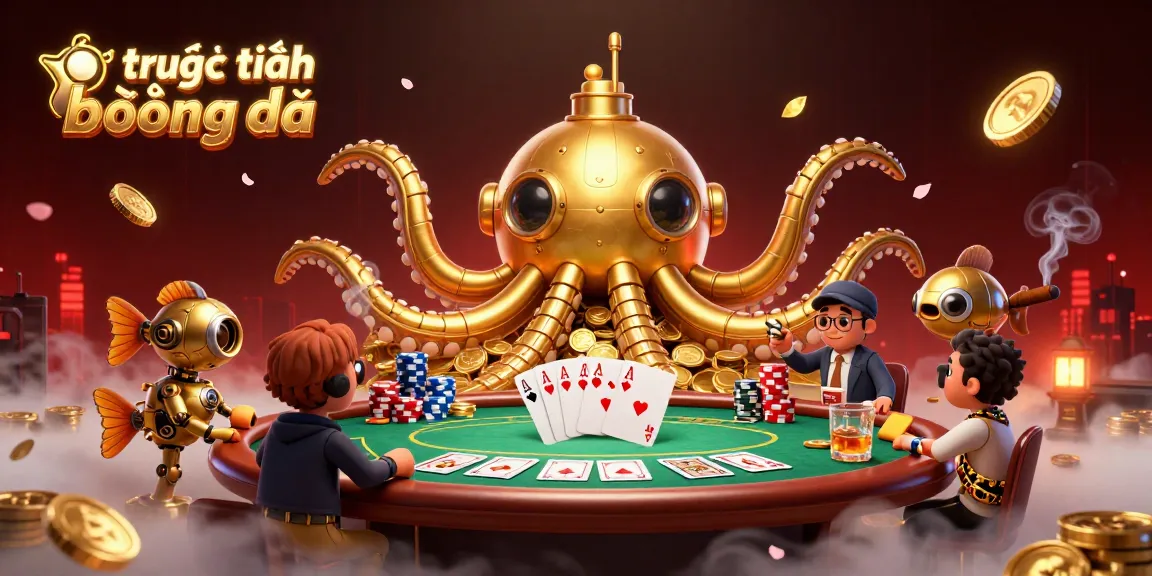 Experience trực tiếp bóng đá with dynamic gaming action featuring golden kraken submarine and poker elements amidst shimmering coins.