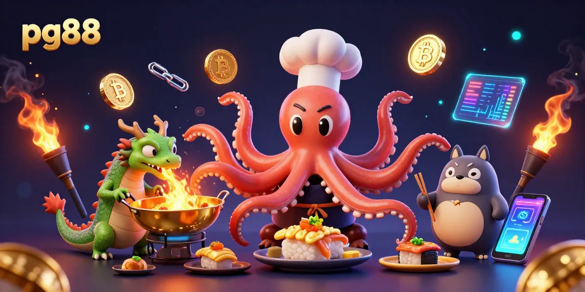 Engage with pg88’s vibrant casino world through a lively illustration of culinary magic and digital currency.