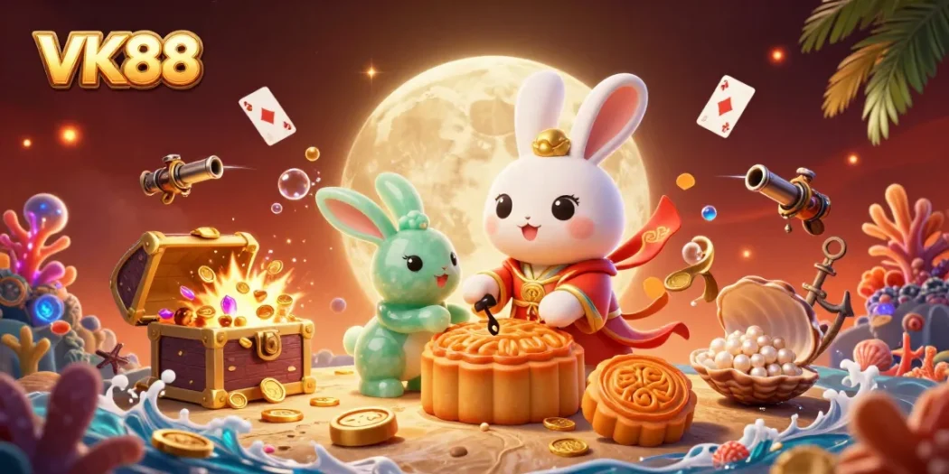 Engage with VK88's thrilling casino experience featuring 3D moon rabbits and vibrant game elements.
