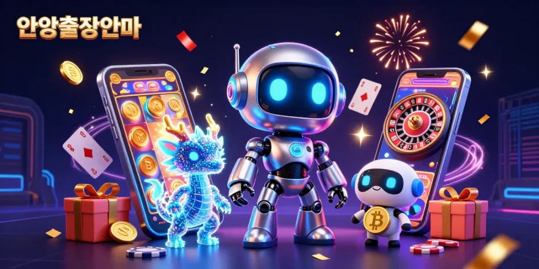 Experience an engaging 안양출장안마 scene with robots and festive elements creating an exciting atmosphere.