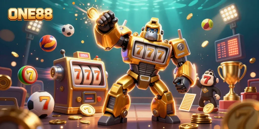 Win big with ONE88 on the vibrant gaming scene featuring a dynamic golden gorilla mech.