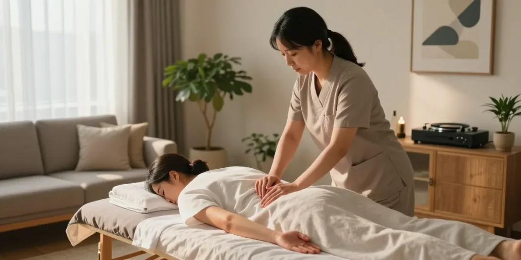 Professional 안양출장안마 session in a serene home setting, showcasing relaxation and comfort.