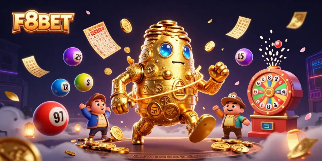 Engage with F8BET in a vibrant 3D casino scene filled with animated lottery balls and rewards.