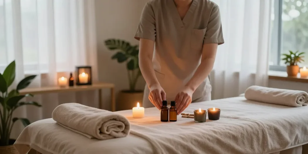 동탄마사지 전문 스파에서 편안하게 마사지를 준비하는 모습