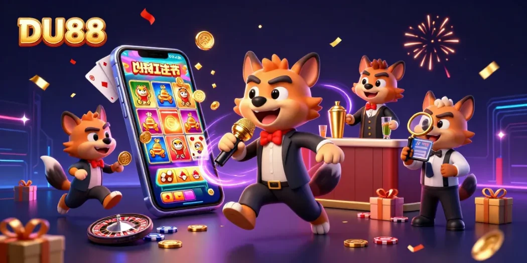 Engage with DU88's lively casino experience featuring hyenas in a comedy club setup.