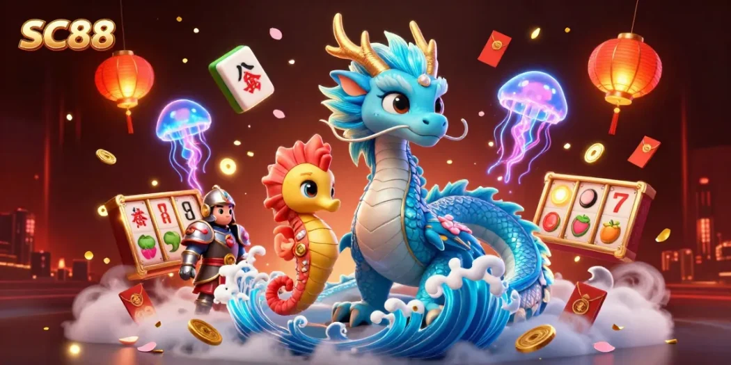 Engage with SC88’s vibrant casino scene featuring dragons, seahorse knights, and dynamic gaming elements.