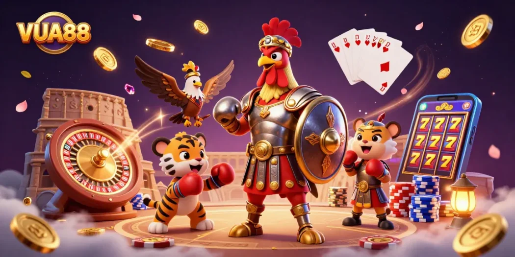 VUA88 showcases a dynamic casino scene with a gladiator rooster, sparring cub, and eagle, symbolizing excitement.