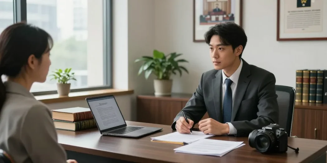 Lawyer and client discussing legal matters, highlighting his response in a professional environment.