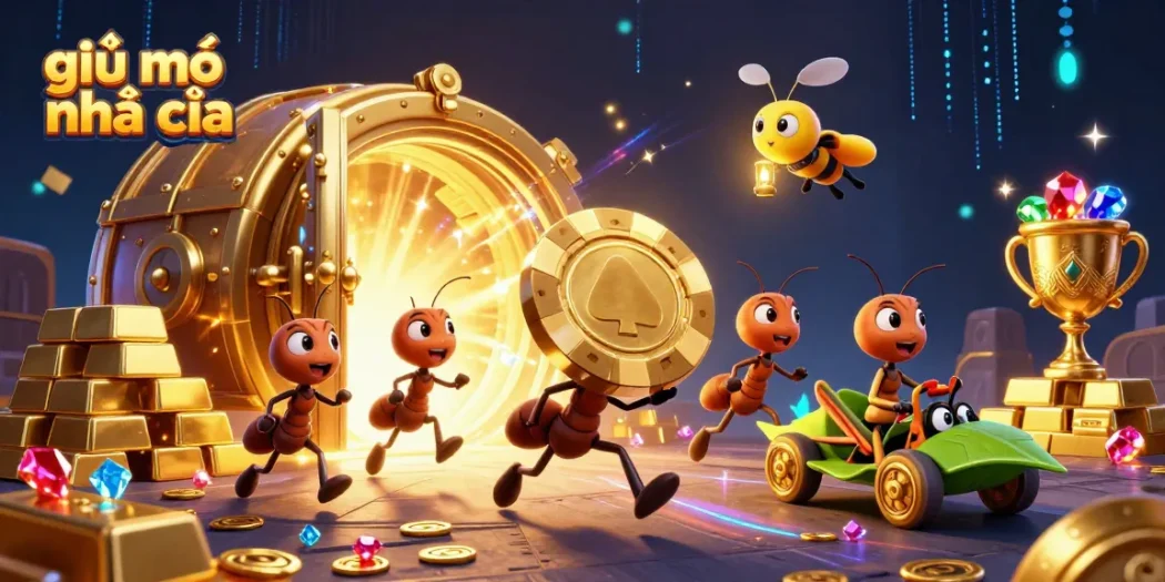Experience a thrilling heist scene in giải mã nhà cái with ants carrying a giant poker chip amidst treasure and vibrant casino elements.