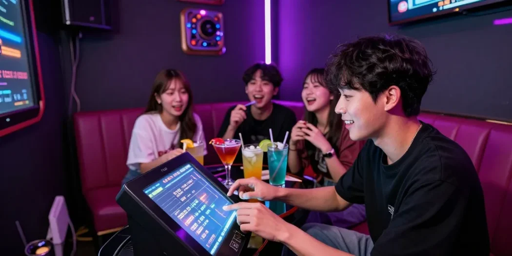 인천쓰리노에서 즐거운 시간을 보내는 고객들, 밝은 조명과 다양한 음료가 특징인 카라오케 장면.