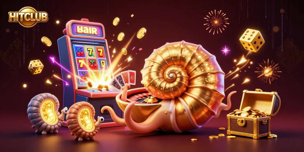 Experience HITCLUB's thrilling games with vibrant slot machines, golden nautilus, and dynamic casino elements.