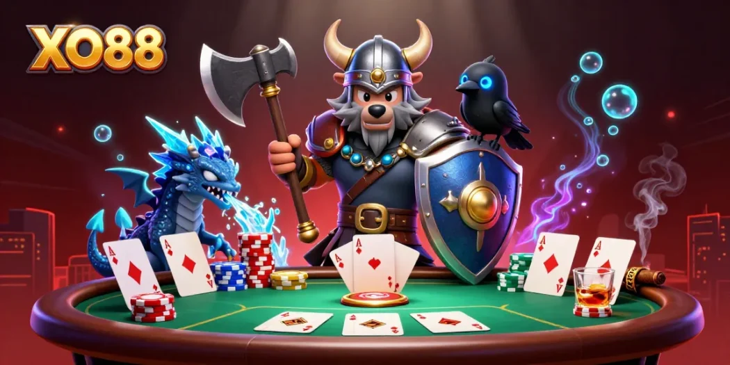 Experience thrilling gaming with XO88 as a Viking wolf warrior, fierce dragon, and poker elements!