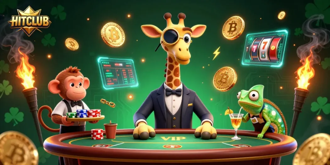 Engage in thrilling gaming action at HITCLUB with a spirited giraffe, valet monkey, and chameleon bartender.