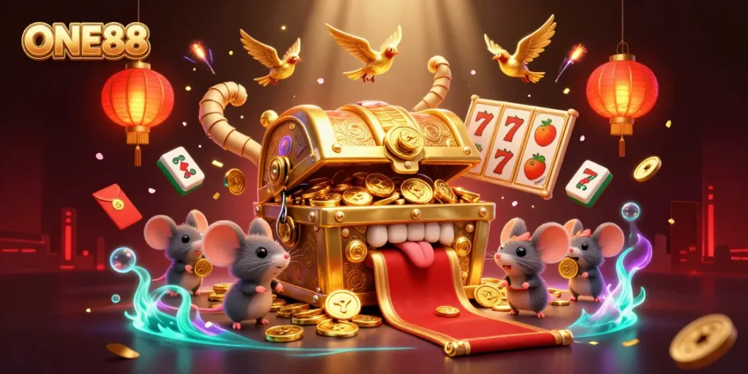 Experience gaming excitement with ONE88's animated treasure chest and vibrant casino elements.