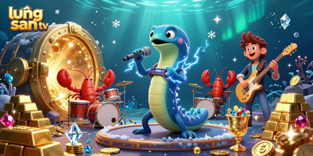 Lương Sơn TV showcases an electric eel DJ in a lively underwater casino environment, surrounded by gold treasures.