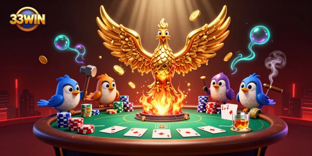 Experience the thrilling world of 33WIN, featuring a molten phoenix amidst an exciting poker action scene.