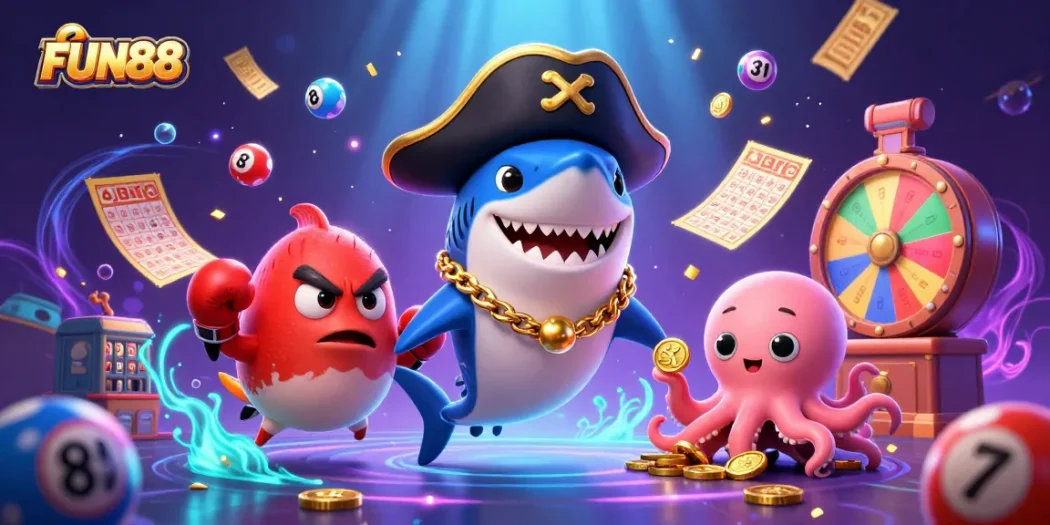 Experience FUN88's thrilling jackpots amidst colorful casino elements in a vibrant underwater scene.