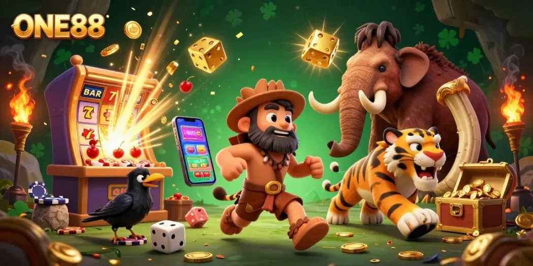 ONE88 casino scene depicting a caveman and sabertooth tiger at a prehistoric casino with a crow scoring on a cave wall.