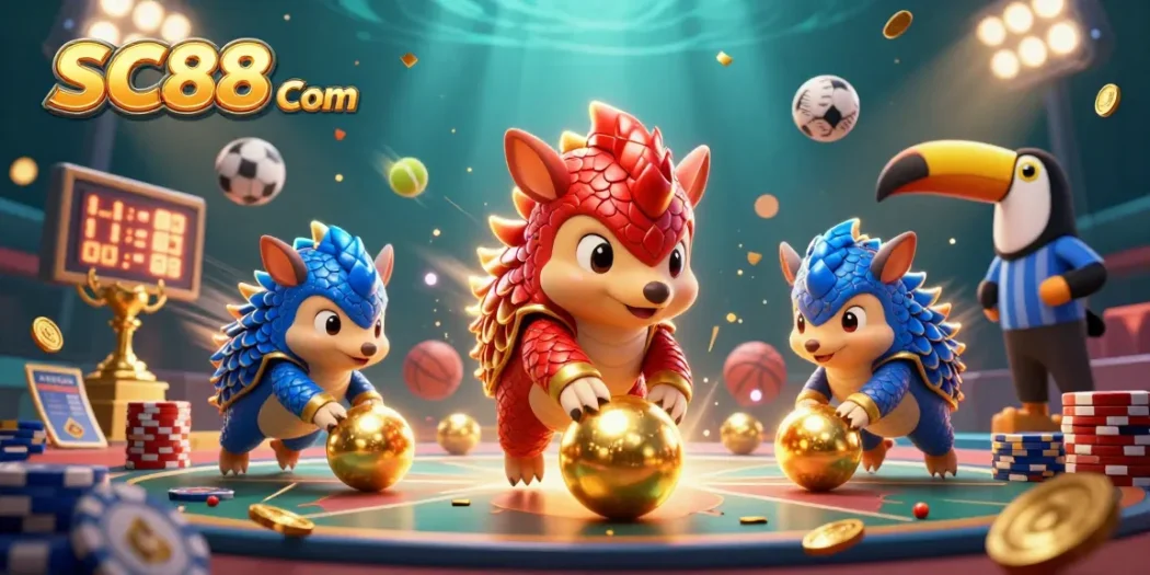 Engage with SC88 Com action: pangolins bowling through poker chips in a vibrant, dynamic casino scene.