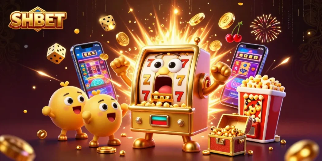 SHBET showcases a golden slot machine hitting a jackpot, surrounded by cheerful baby slots and lively casino elements.