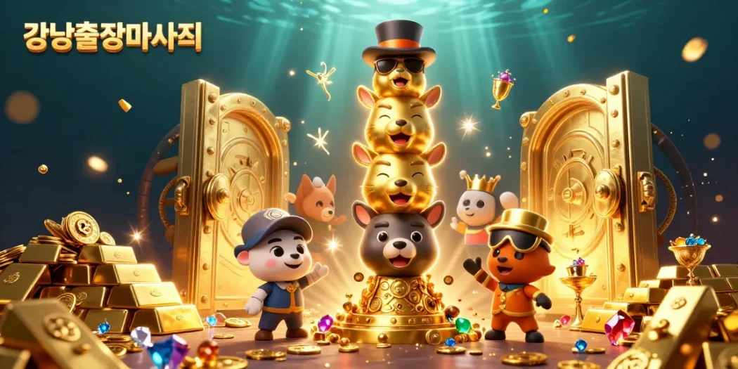 Experience the best of 강남출장마사지 in this lively 3D casino illustration filled with golden treasures and dynamic characters.