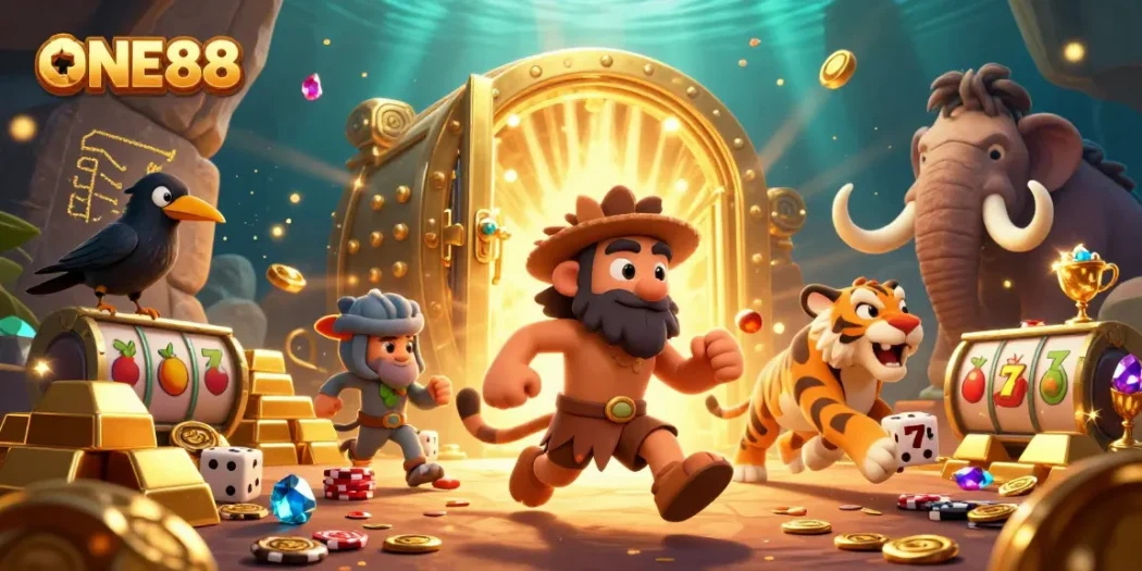 Experience the thrilling feel of ONE88 with our 3D cartoon casino scene, featuring engaging gaming elements.